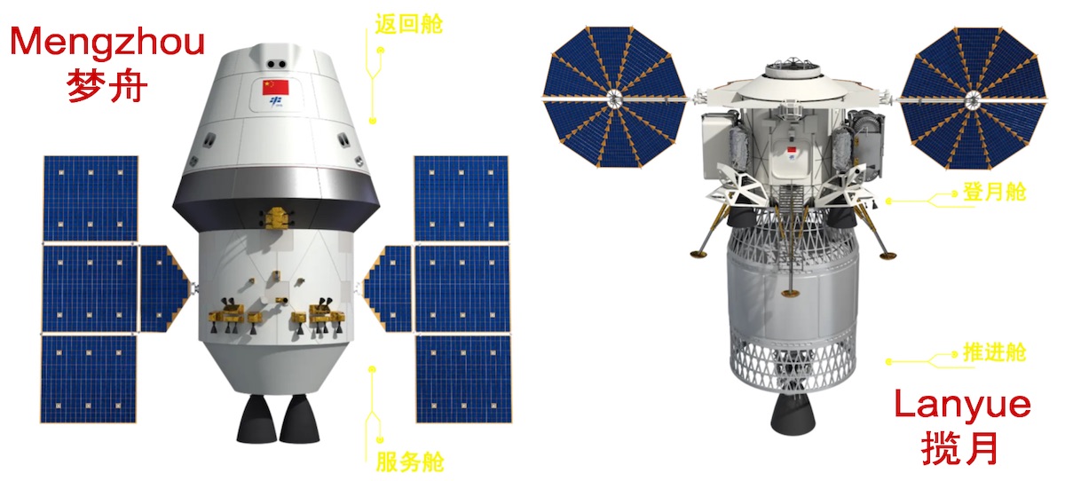 Nell'illustrazione i due veicoli spaziali che porteranno gli astronauti cinesi sulla Luna. Crediti: CMSA.